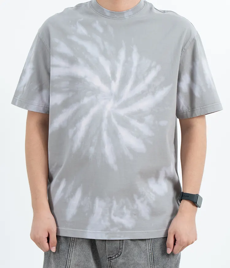Relaxed Grey Crew Neck T-Shirt with Spiral Tie-Dye Effect