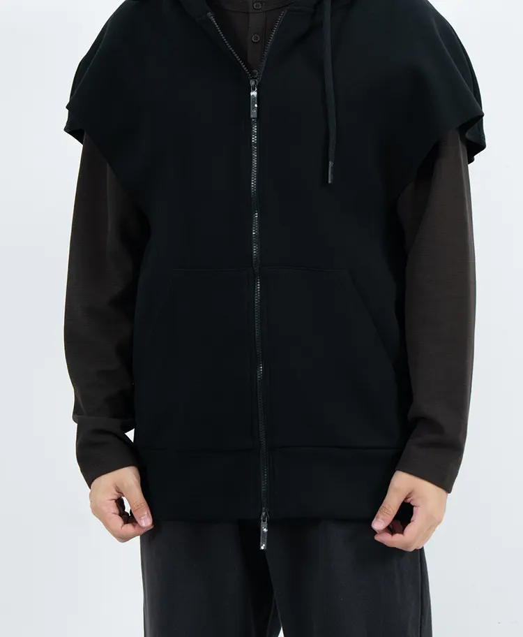 Sleeveless Zip-Up Hoodie with Extended Shoulders and Split Front Pockets