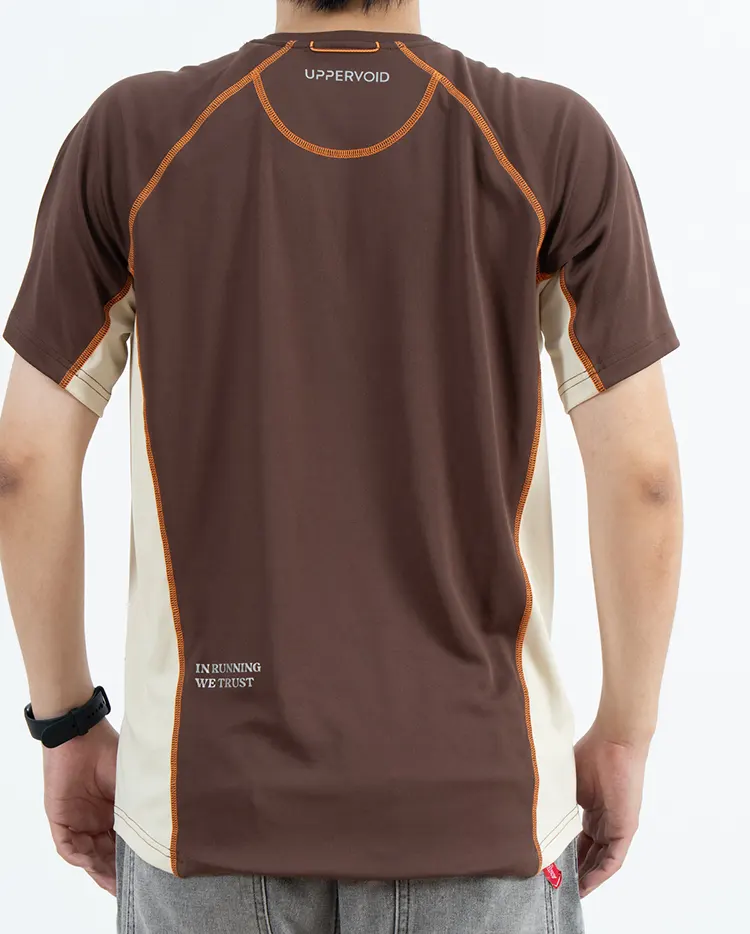 Brown Breathable Raglan T-Shirt with Cream Side Panels and Orange Seam Lines