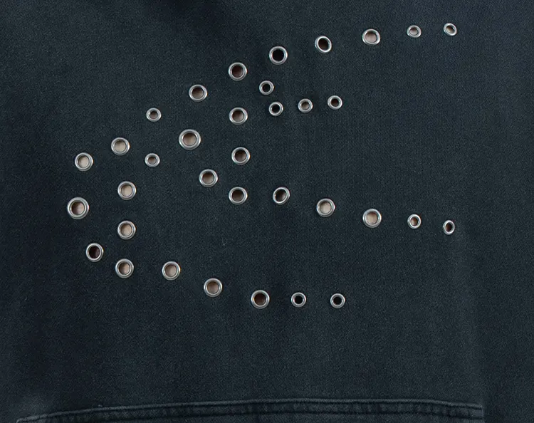 Cropped Pullover Hoodie with Eyelet Motif and Distressed Pocket Detail