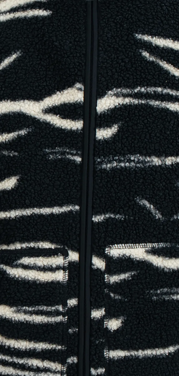 Stand Collar Fleece Jacket with Black and Cream Abstract Stripes