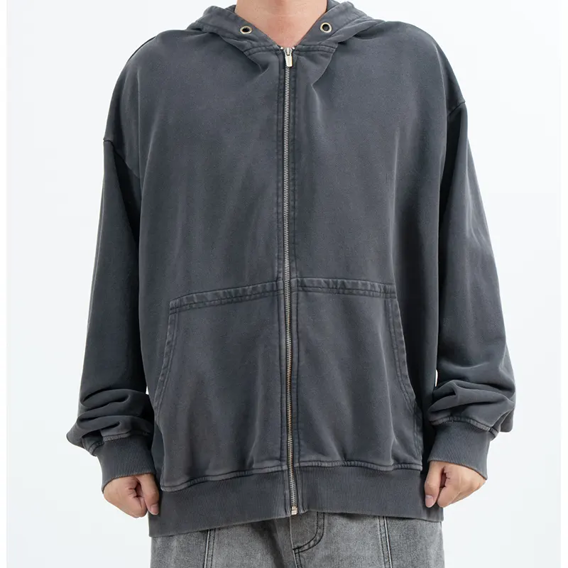 Объемное темно-серое худи на молнии с выцветшим эффектом